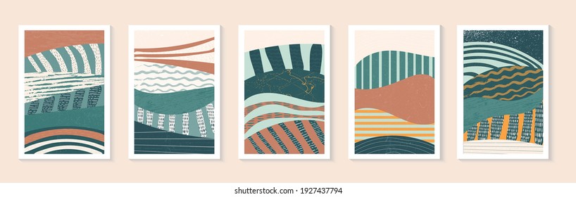 Set of abstract field illustration. Landscape with colorful texture. Bundle of decorative eco cards. Aesthetic nature, ecology, environment banners, poster design, vector background, phone wallpaper