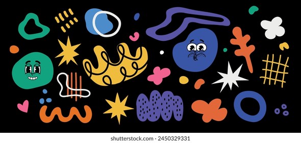 Set of abstract figures and shapes. Geometric figures. Vector illustration. Elements in hand drawn style. Groovy y2k forms. Doodle are colored. Trendy modern stickers in 90s retro style. 2000s. Person