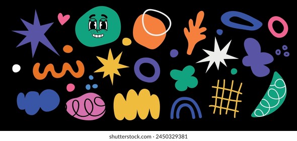 Set of abstract figures and shapes. Geometric figures. Vector illustration. Elements in hand drawn style. Groovy y2k forms. Doodles. Trendy modern stickers in 90s retro style. 2000s. Waves and flowers