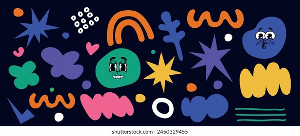 Conjunto de figuras y Formas abstractas. Figuras geométricas. Elementos en estilo dibujado a mano. Formularios Groovy y2k. Los garabatos son de colores. Pegatinas modernas de moda en estilo retro de los años 90. 2000. Ondas, estrellas, rostros