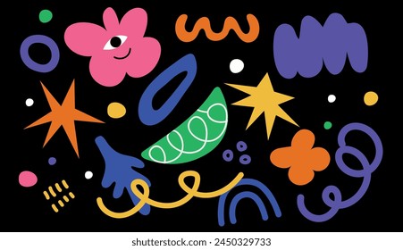 Set of abstract figures and shapes. Vector. Stickers in retro and vintage 90s style. 2000s. Collection Waves, clouds and bubbles. Elements in hand drawn style. Groovy y2k forms. Doodles. Icons hippie