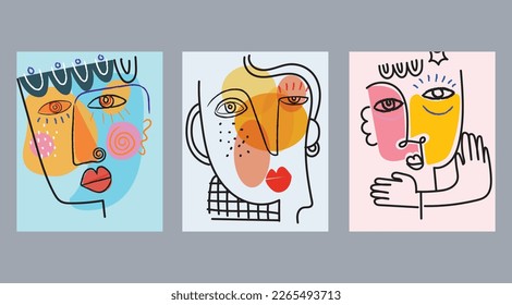 Set of abstract fine art vector portrait of people face illustration. Line, colorful, hand drawn design for wall art, poster, cover, cards, home decoration and prints.