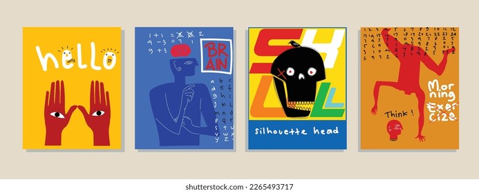 Set of abstract fine art vector portrait of people face illustration. Line, colorful, hand drawn design for wall art, poster, cover, cards, home decoration and prints.