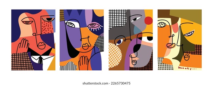 Set of abstract fine art vector portrait of people face illustration. Line, colorful, shapes, hand drawn design for postcard, cover, poster, wall art and prints.