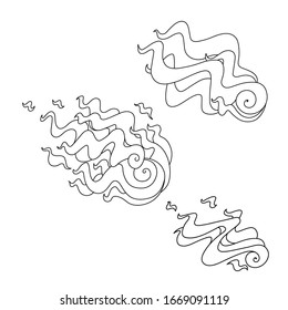 set of abstract fireballs, meteors with tongues of flames, cosmic celestial body, vector illustration with black contour lines isolated on a white background in cartoon & hand drawn style