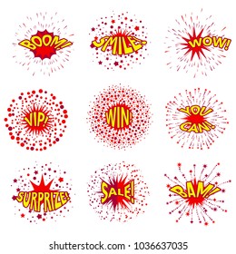 Set of abstract fireworks with star and particle. Inscriptions in the style of pop art on salutes. Boom, smile, wow, vip, win, you can, surprize, sale, bam