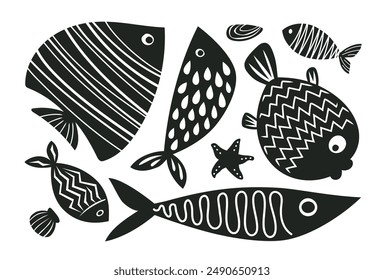 Conjunto de pescados y mariscos abstractos. Ilustración vectorial. Perfecto para menús, empaques y patrones