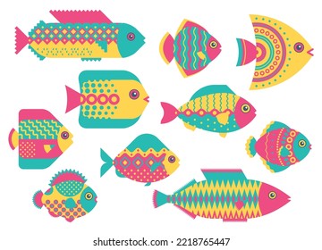 Set of abstract fish of various shape decorated with different geometric pattern. Isolated object, symbol, icon, logo, emblem, design element for home decor, clothes, print, label
