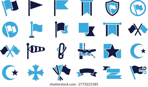 Set of abstract flag and banner icons in blue and dark blue. Includes different shapes and styles for design elements.