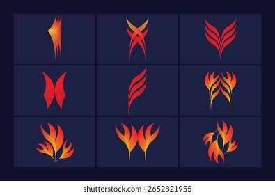 Conjunto de ícones de logotipo de fogo e chamas abstratas. Coleção de vetores moderna com gradientes vermelho, laranja e amarelo. Perfeito para branding, energia, identidade comercial, web, app, design criativo.