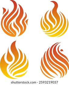  A set of abstract flame logo designs featuring smooth curves and a gradient fire effect. These icons are perfect for warning signs, energy branding, heating industry symbols, and safety labels.