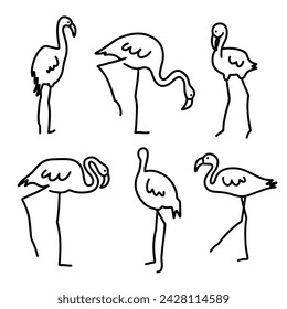 Set of abstract flamingos. Line drawing minimalist design. Hand drawn art. Vector illustration.