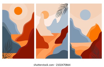 Conjunto de ilustraciones planas abstractas con montañas