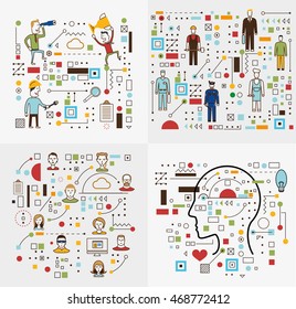 Conjunto de ilustraciones abstractas de arte de línea plana. Negocios, ciencia, educación, concepto analítico.