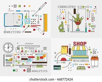 Set of abstract flat line art illustrations. Business, science, education, analytics concept.
