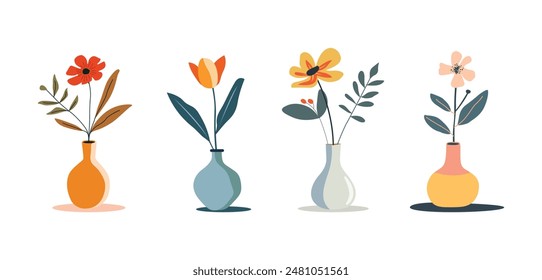 set of Abstract flat vector illustration of a single flower in a vase