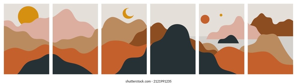 Set of abstract flat wavy mountain landscape on isolated background. Modern nature environment banner collection, contemporary panoramic frame bundle.