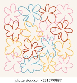 A set of abstract floral art. Linear flowers. Contemporary poster and background. Floral botanic vector illustration in retro colors. Many flowers. Floristic background