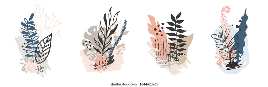 Set abstract floral background isolated on white. Vector hand draw tropical leaves  background  for paper, cover, fabric, interior decor.