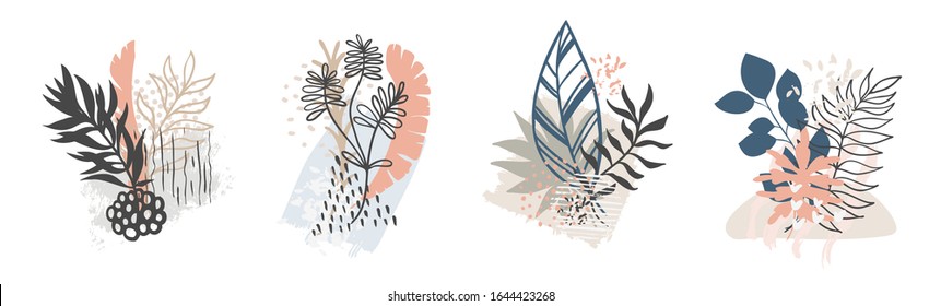 Set abstract floral background isolated on white. Vector hand draw tropical leaves  background  for paper, cover, fabric, interior decor.