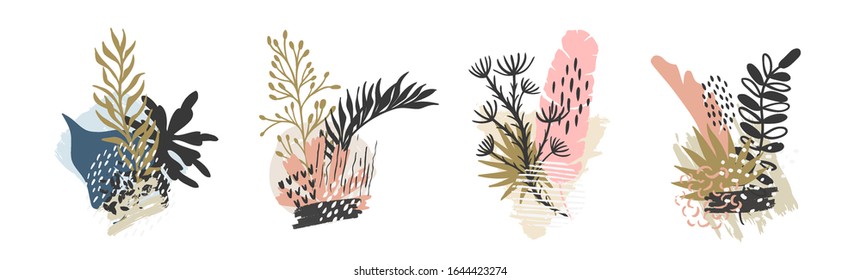 Set abstract floral background isolated on white. Vector hand draw tropical leaves  background  for paper, cover, fabric, interior decor.