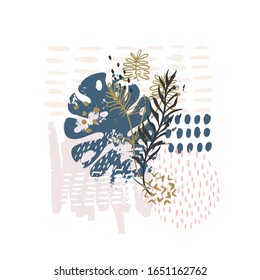 Set abstract floral background isolated on white. Vector hand draw tropical leaves  background  for paper, cover, fabric, interior decor.