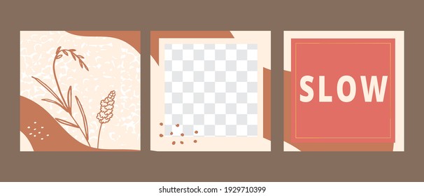 Set of abstract floral background for social media post. Simple feminine layout illustration. Vector trendy minimal template in boho style with copy space for text. Greeting card, invitation, brochure