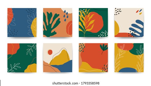 Conjunto de fondos florales abstractos. El doodle dibujado a mano forma formas orgánicas de estilo contemporáneo, patrones de moda. Ilustración vectorial moderna.