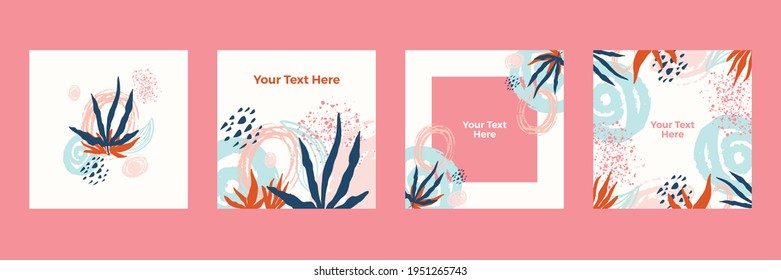 Set of abstract floral backgrounds for social media posts. Vector trendy minimal templates in boho style with copy space for text. Botanical wall art vector set. Foliage line art drawing  abstract