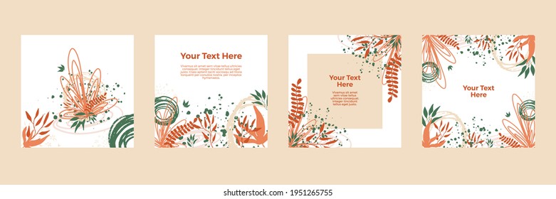 Set of abstract floral backgrounds for social media posts. Vector trendy minimal templates in boho style with copy space for text. Botanical wall art vector set. Foliage line art drawing  abstract