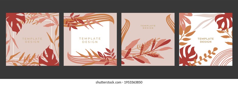 Set of abstract floral backgrounds for social media posts. Vector trendy minimal templates in boho style with copy space for text. Modern art design for print, cover, wallpaper. Vector illustration