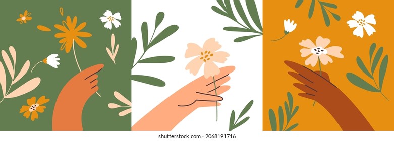 Set of abstract floral banner templates. Diversity human hands hold flower. Botanical background for valentine card, women day postcard. Congratulation, wedding invitation. Flowers vector illustration