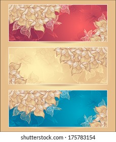 Set Abstract floral banners with flowers shells seaweed in marine  beige red gold colors hand draw