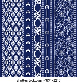 Set of abstract floral batik borders. Damask seamless pattern, paisleys, leaves stripes, gypsy and ethnic motifs. Ethnic textile collection. White on dark blue.
