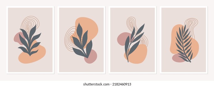 Set of abstract floral boho style wall art vector. Leaves and organic shapes in earth color palette. Botanical wall decoration collection design for interior, posters, cards, banners.