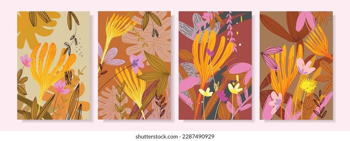 Set of abstract floral branch flowers and leaves hand drawn vintage  background design