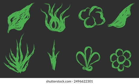 Set of abstract floral brush stroke shapes of leaves, flowers and grass. Vector illustration isolated