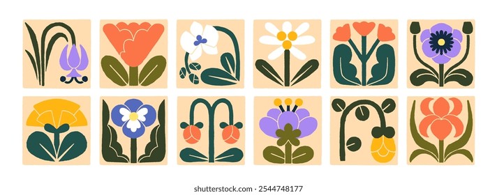 Conjunto de tarjetas florales abstractas. Collage de iconos de moda con flores caprichosas. Decoración moderna del arte de la pared con flores silvestres, plantas en flor, hojas con forma geométrica. Ilustraciones vectoriales planas