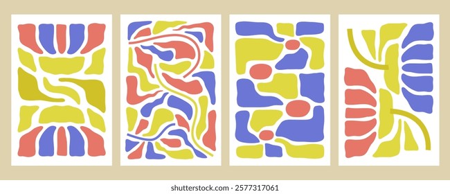 Set of Abstract floral cards. Matisse flowers. Boho Decor. Trendy hand drawn organic design. Aesthetic Modern Art. Minimalist botanical posters. Vector illustration