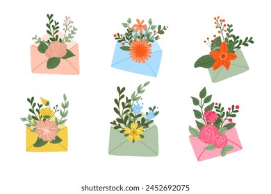 Set of abstract floral compositions with envelopes. Flat hand drawn colored elements on white background. Unique print design for printout, poster, stickers