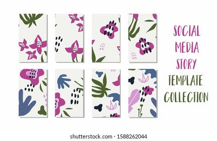 Set of abstract floral, creative backgrounds in trendy style, vector. Design templates for social networks and bloggers. Modern, stylish and minimalistic design for the story, collage layout.