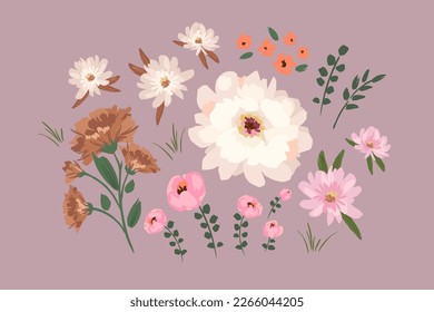 Set of abstract floral design elements. Leaves, flowers, grass, branches Vector illustrations