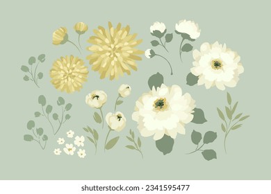 Set of abstract floral design elements. Leaves, flowers, grass, branches. Vector illustrations