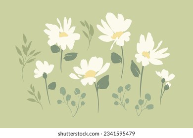 Set of abstract floral design elements. Leaves, flowers, grass, branches. Vector illustrations