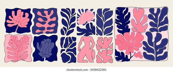 Set of abstract floral design in mid-century style. Illustrations of leaves and flowers in pastel colors.