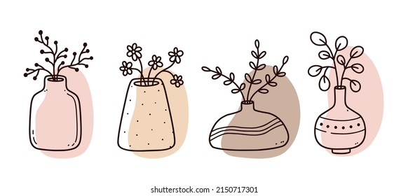 Set of abstract floral doodles with color organic shapes. Minimalist vases with flowers isolated on white background. Vector hand-drawn illustration. Perfect for cards, decorations, logo, posters.