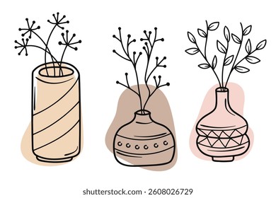 Set of abstract floral doodles with color organic shapes. Minimalist vases with flowers isolated on white background. 