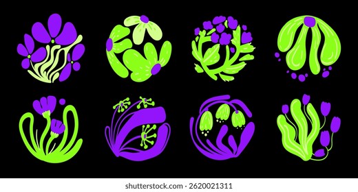 Set of abstract floral elements in bright purple and green tones on a black background featuring modern stylized plant and flower shapes.Bright Botanical Elements in Modern Style. Vector illustration