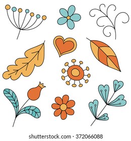 Set of abstract floral elements. Hand drawn doodle. Vector illustration