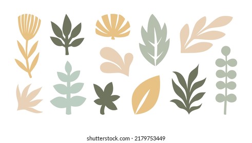 Set of abstract floral elements: leaves, flowers, twigs. Boho style vector decoration elements for posters, wallpaper, prints design.